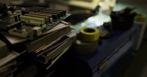 Details of Electronic Circuit Board on a Workbench Surrounded By Tools
