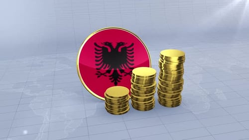 Albania Flag With Plain Gold Coins Tower