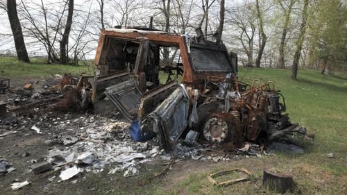 A Burnt and Destroyed Armored Car of the Russian Army As a Result of a Battle with Ukrainian Troops