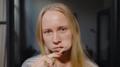 Sleepy Woman Brushing Teeth After Wake Up Hard Morning of Monday