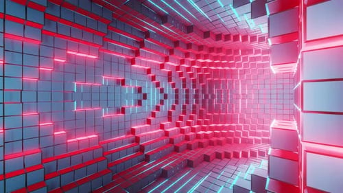 Fondo abstracto rojo dentro del renderizado 3D del túnel toroidal de pixelelización. En bucle sin fisuras. NFT