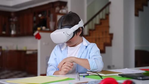 Enthusiastic Boy Wearing Virtual Reality Headset at Home