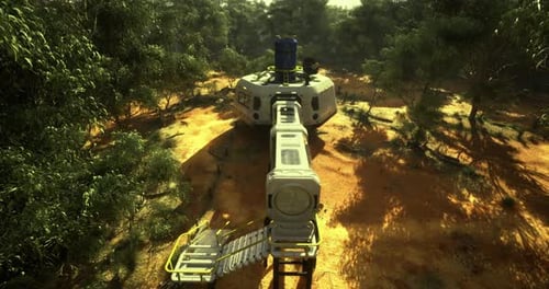 Exploration Base Situated in a Dense Forest on Another Planet