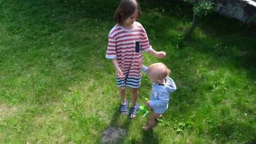 Children Playing Together on Sunny Lawn, Aerial View