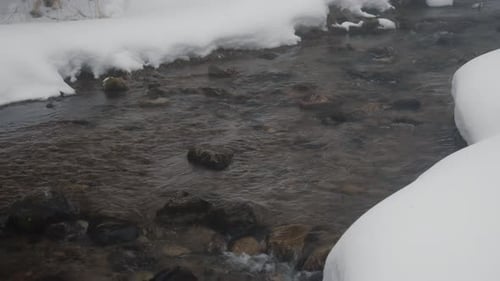 Mountain stream flowing through snowy banks in winter