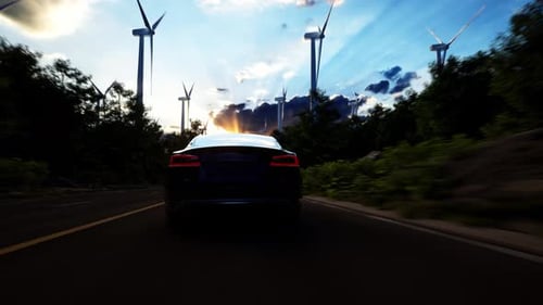 3D render of generic electric car drives on a Road with wind turbines in the background