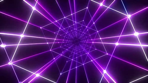 Dynamic neon grid tunnel with glowing spheres moving forward