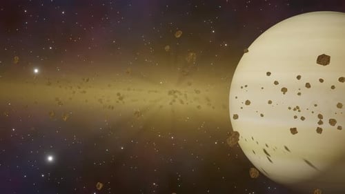 Planète Saturne avec ses anneaux d'astéroïdes : vue depuis l'espace, rendu 3D de la galaxie de la Voie lactée. Solaire