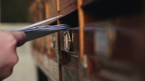 A postman places letters in mailboxes in the entrance of a dilapidated apartment building.