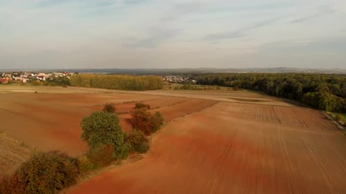 Flug über Felder im Sonnenuntergangslicht.