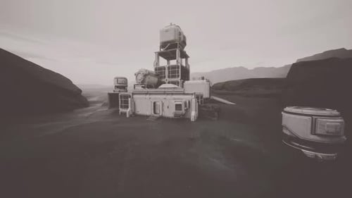 Colonist Base Nestled Among Rocky Cliffs on a Distant Barren Planet Landscape