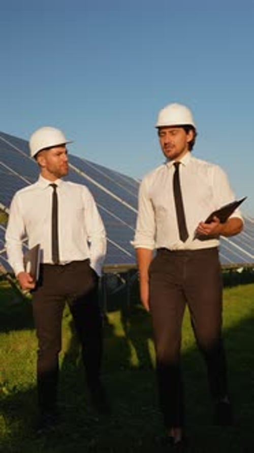 Investors Walk Through Solar Panel Station Evaluating Progress
