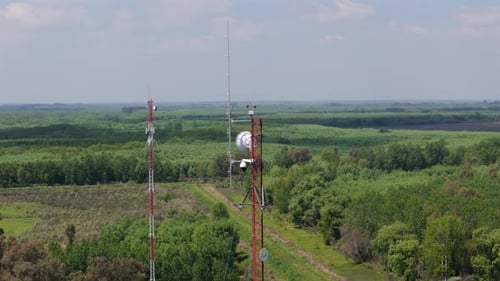 Bird's-Eye View of Communication Tower Surrounded by Lush Green Trees and a cloudy grey Sky