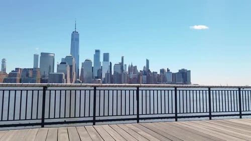 The freedom tower prominently shows its height against a clear bright blue sky. Cityscape view of Lo