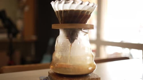 Warm Coffee Brews Slowly in a Pourover Setup Illuminated By Natural Light Streaming Through a Cafe