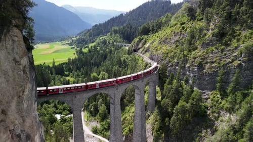 Train viaduct Swiss Switzerland Alps valley Landwasser, rail travel Europe