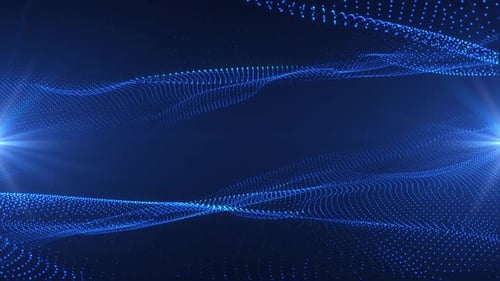 Une onde lumineuse abstraite provenant de particules et de points se déplace sur un fond bleu, visualisation de données volumineuses