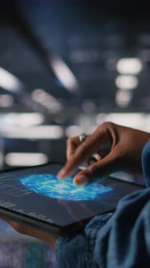 Vertical Video Close Up of Data Center Engineer Using Tablet Doing Maintenance on AI Rigs