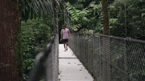 Tourist walks over hanging bridge in tropical rain forest camera in hand