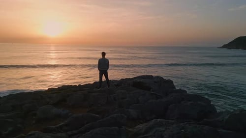 Dark Silhouette Enjoying Sunrise Ocean Horizon Cliffs Back View Marine Morning