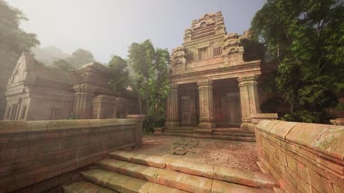 Les ruines d'un ancien temple enveloppées par la jungle à l'aube