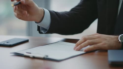 Thoughtful Executive Manager Signing Contract Sitting Modern Office Desk Closeup