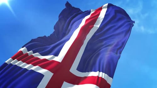 Realistic Iceland National Flag Waving Against a Clear Blue Sky