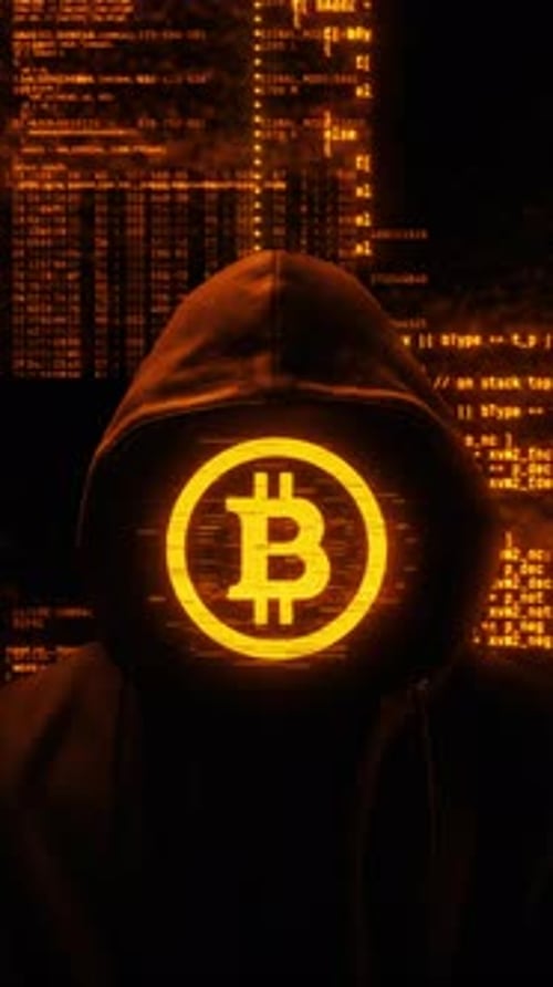 Futuristic Bitcoin Symbol on Hooded Figure with Digital Code