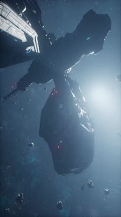 Una nave espacial futurista flotando cerca de una estación espacial rodeada de asteroides