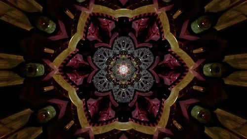 Dark abstract mandala with layered symmetry and a glowing center, kaleidoscope design for moody loop