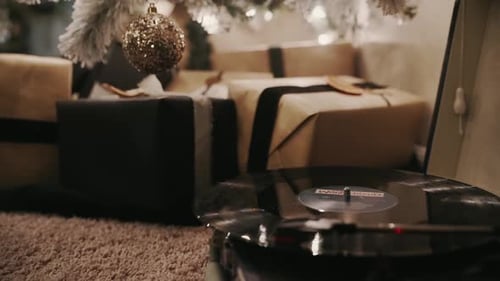 Christmas Gifts Under Tree with Vintage Record Player