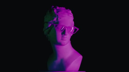 Closeup Shot Ancient Marble Bust Statue of Roman Era Woman in Glasses Spinning Round on a Platform