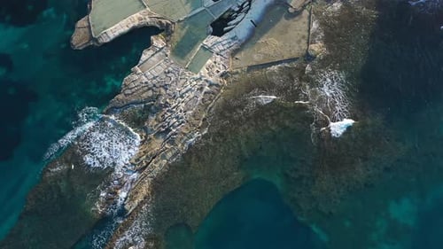 Aerial view of Mistra salt pans, Malta.