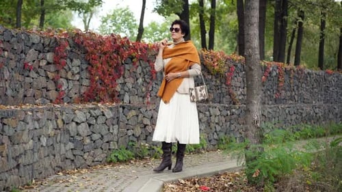 Wide Shot Caucasian Elegant Woman Walking in Autumn Park on Cloudy Day Outdoors Portrait of Slim