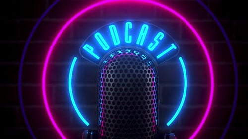 Voice recording podcast mic microphone with neon Podcast text