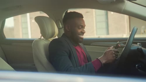 Focused Professional Checks Messages Inside Car Office Worker Reviews Texts While Driving Through