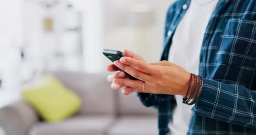 Woman hands, smartphone and typing in home on social media post, online chat