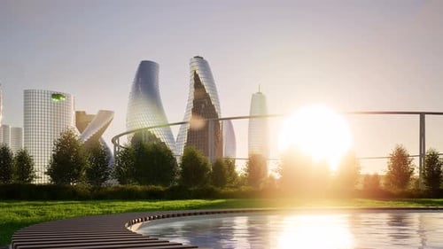 Soirée futuriste, métro, Maglev, paysage urbain au coucher du soleil, voitures volantes, Cyberpunk