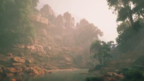 Ruines d'anciens temples entourées d'une végétation luxuriante à l'aube