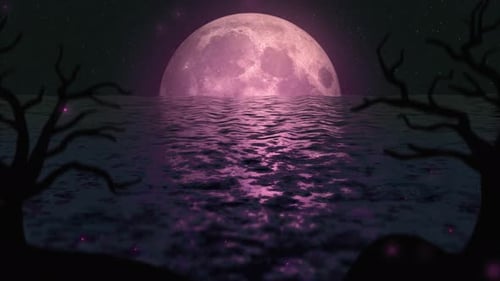 Pink Moonrise Over Wavy Ocean with Ethereal Glowing Particles