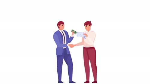 Animated Business Deal with Handshake, Money, and Document Exchange