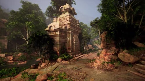 Painting of Ancient Temple Ruins Amidst Dense Forest