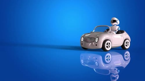 Astronaut drives silver toy car on blue