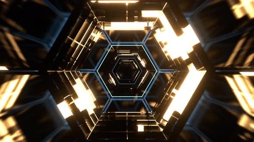 Light Yellow And Light Blue Fantastic Neon Rotation In The Hexagonal Tunnel Background Vj Loop In 4K