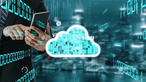 Businessman Using Smartphone with Cloud Computing Interface and Data Analytics in Background for Dig