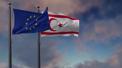 European Union and Northern Cyprus Flags Waving in Wind