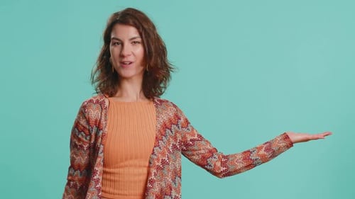 Woman Talking with Megaphone Proclaiming News Loudly Announcing Advertisement Pointing Empty Place