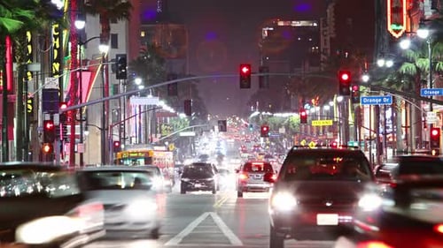 Los Angeles - May 25, 2012: 4k Time Lapse Of Hollywood Boulevard Traffic At Night, On May 25, 201...