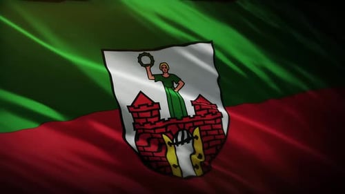 Realistic Waving Flag with Green Red Stripes and Heraldic City Crest