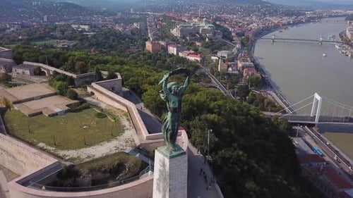 Liberty statue of Budapest, Hungary, with general city view